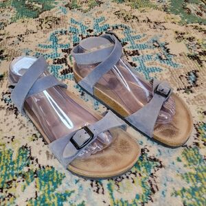 Birkentock Daloa Dusty Grey Blue Leather Ankle Strap Sandal, Size EU 39 US 8